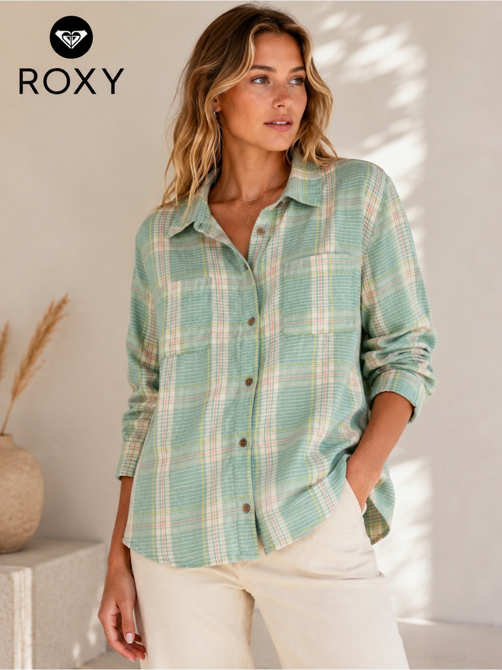 Roxy Women's Let It Go Long Sleeve Button-Up Flannel Shirt M Blue Boyfriend Fit